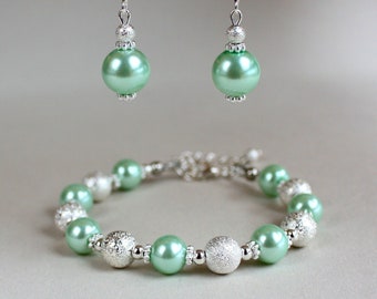 Mint Green Pearl Jewelry Set, Silver Stardust Beads, Bridal Bridesmaid