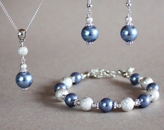 Cornflower blue faux glass pearls stardust beads wedding bridesmaid jewelry, set silver plated dusty blue earrings pendant necklace bracelet