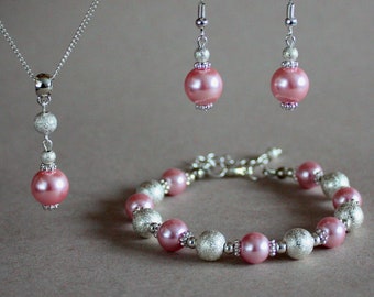Cotton candy pink faux glass pearls stardust beads wedding bridesmaid jewelry, set silver plated earrings pendant necklace bracelet