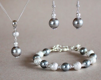 Light grey Czech pearls wedding bridal jewelry set, silver stardust drop earrings pendant necklace beaded bracelet bridesmaid accessory