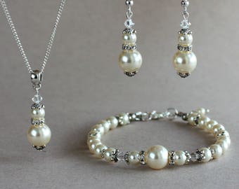 Ivory cream Swarovski pearls crystals, silver pendant necklace earrings bracelet, vintage wedding bridal jewelry bridesmaid accessory set