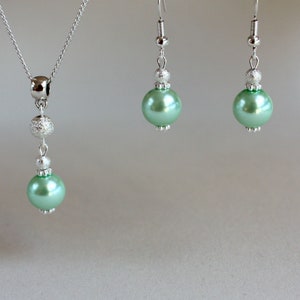 Light mint green faux glass pearls stardust beads wedding bridal bridesmaid jewelry set, silver plated earrings and pendant necklace set