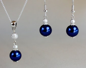 Dark Navy Faux Pearl Jewelry Set, Silver Stardust Beads