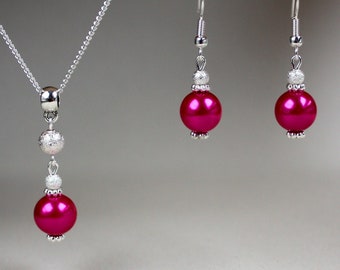 Hot fuchsia pink faux glass pearls stardust beads wedding bridesmaid jewelry, set silver plated earrings and drop pendant necklace