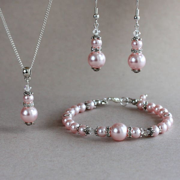 Light pink blush Swarovski pearls crystals silver pendant necklace earrings bracelet vintage wedding bridal jewelry bridesmaid accessory set