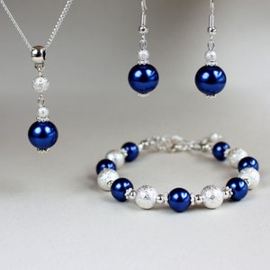 Dark navy midnight blue faux glass pearls stardust beads wedding bridesmaid jewelry, set silver plated earrings pendant necklace bracelet