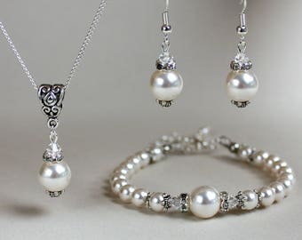White (off-white) pearls wedding jewelry, silver pendant necklace drop earrings bracelet bridesmaid accessory set, vintage style bridal set