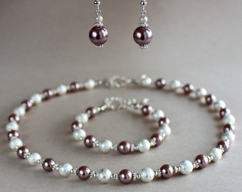 Mink brown bronze pearls jewelry set, silver stardust earrings collar choker necklace beaded bracelet wedding bridal bridesmaid accessory
