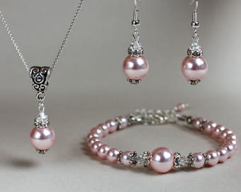 Light pink blush pearls wedding jewellery set, silver pendant necklace earrings bracelet bridesmaid accessory set, vintage style bridal set