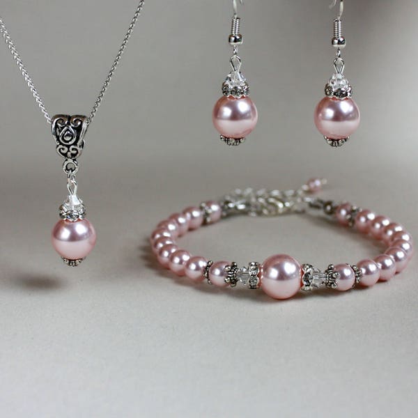Light pink blush pearls wedding jewellery set, silver pendant necklace earrings bracelet bridesmaid accessory set, vintage style bridal set
