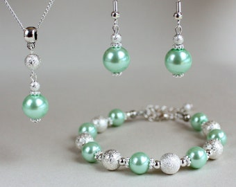 Mint Green Faux Pearl Jewelry Set, Silver Stardust Beads, Bridal Bridesmaid