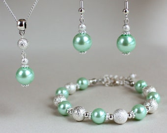 Light mint green faux glass pearls stardust beads wedding bridal bridesmaid jewelry set, silver plated earrings pendant necklace bracelet