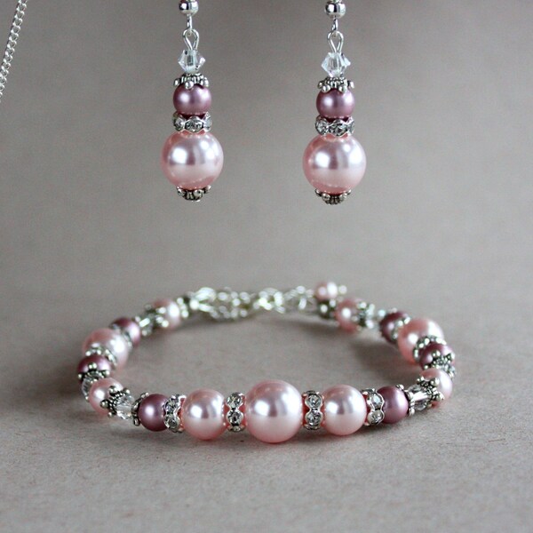 Light pink blush dusky powder rose Swarovski pearls crystals silver earrings bracelet vintage wedding bridal bridesmaid 2 piece jewelry set