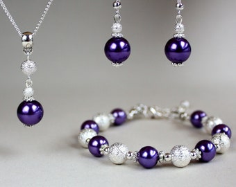 Purple dark violet faux glass pearls stardust beads wedding bridesmaid jewelry, set silver plated earrings pendant necklace bracelet