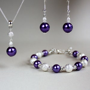 Purple dark violet faux glass pearls stardust beads wedding bridesmaid jewelry, set silver plated earrings pendant necklace bracelet