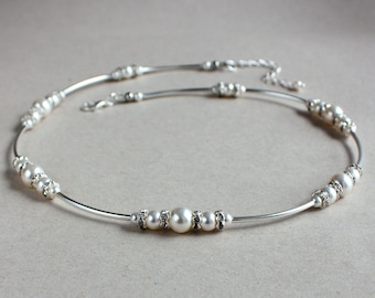 White (off-white) Swarovski pearls wedding collar choker necklace, silver bridesmaid bridal necklace, rhinestone crystal wedding jewelry