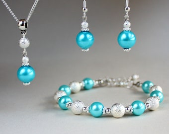Turquoise blue faux glass pearls stardust beads wedding bridal bridesmaid jewelry set, silver plated earrings pendant necklace bracelet