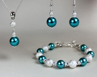Teal blue green faux glass pearls stardust beads wedding bridal bridesmaid jewelry set, silver plated earrings pendant necklace bracelet