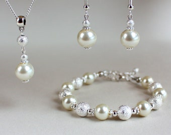Cream Pearl Jewelry Set: Silver Stardust Necklace, Bracelet & Earrings