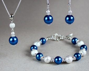 Dark royal blue faux glass pearls stardust beads wedding bridesmaid jewelry set, silver plated earrings pendant necklace bracelet set
