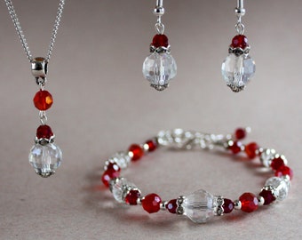 Red and clear crystals rhinestones silver plated wedding set, pendant necklace bracelet drop earrings set, vintage bridesmaid bridal jewelry
