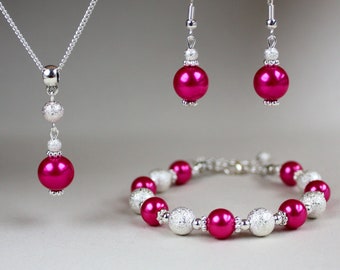 Hot fuchsia pink faux glass pearls stardust beads wedding bridesmaid jewelry, set silver plated earrings drop pendant necklace bracelet