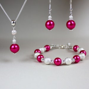 Hot fuchsia pink faux glass pearls stardust beads wedding bridesmaid jewelry, set silver plated earrings drop pendant necklace bracelet