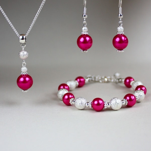 Bijoux de demoiselle d'honneur de mariage en perles de poussière d'étoiles roses fuchsia, ensemble de boucles d'oreilles en plaqué argent avec pendentif goutte