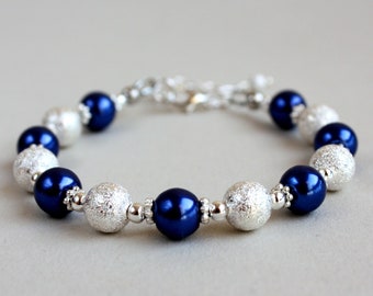 Dark navy midnight blue faux glass pearls stardust beads wedding bridesmaid jewelry, silver plated beaded bridal bracelet