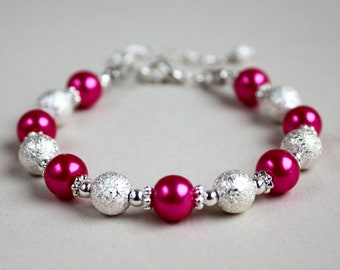 Fuchsia Pink Pearl Bracelet, Silver Stardust Beads, Bridal Jewelry