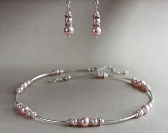 Light pink blush Swarovski pearls wedding jewelry set, silver collar choker necklace drop earrings bridesmaid bridal rhinestone jewelry set