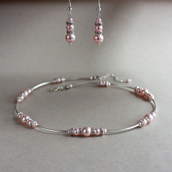 Light pink blush Swarovski pearls wedding jewelry set, silver collar choker necklace drop earrings bridesmaid bridal rhinestone jewelry set