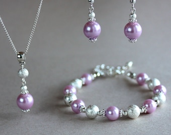 Lavande lilas violet clair faux verre perles poussière d’étoile perles de mariée demoiselle d’honneur bijoux ensemble plaqué argent boucles d’oreilles pendentif collier bracelet