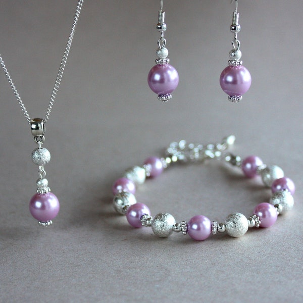 Lavender lilac light purple faux glass pearls stardust beads wedding bridesmaid jewelry set silver plated earrings pendant necklace bracelet