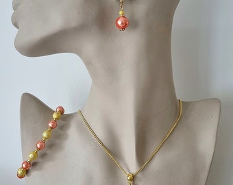 Coral orange faux glass pearls stardust beads wedding bridesmaid jewelry set, bright gold plated earrings drop pendant necklace and bracelet