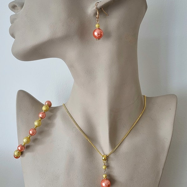 Coral orange faux glass pearls stardust beads wedding bridesmaid jewelry set, bright gold plated earrings drop pendant necklace and bracelet