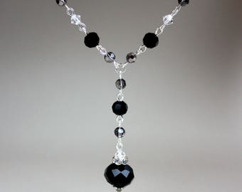 Collier chaîne en argent vintage strass cristaux noirs et gris, collier cristaux Swarovski, accessoire de demoiselle d'honneur de mariage, bijoux de mariée