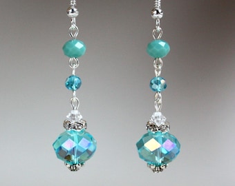 Turquoise blue Swarovski crystals rhinestone vintage silver long drop earrings, occasion wedding bridesmaid gift party dangle earrings