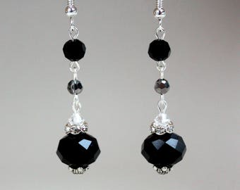 Black and grey crystals rhinestones vintage silver drop dangle earrings, Swarovski crystals, wedding bridesmaid accessory, bridal jewelry