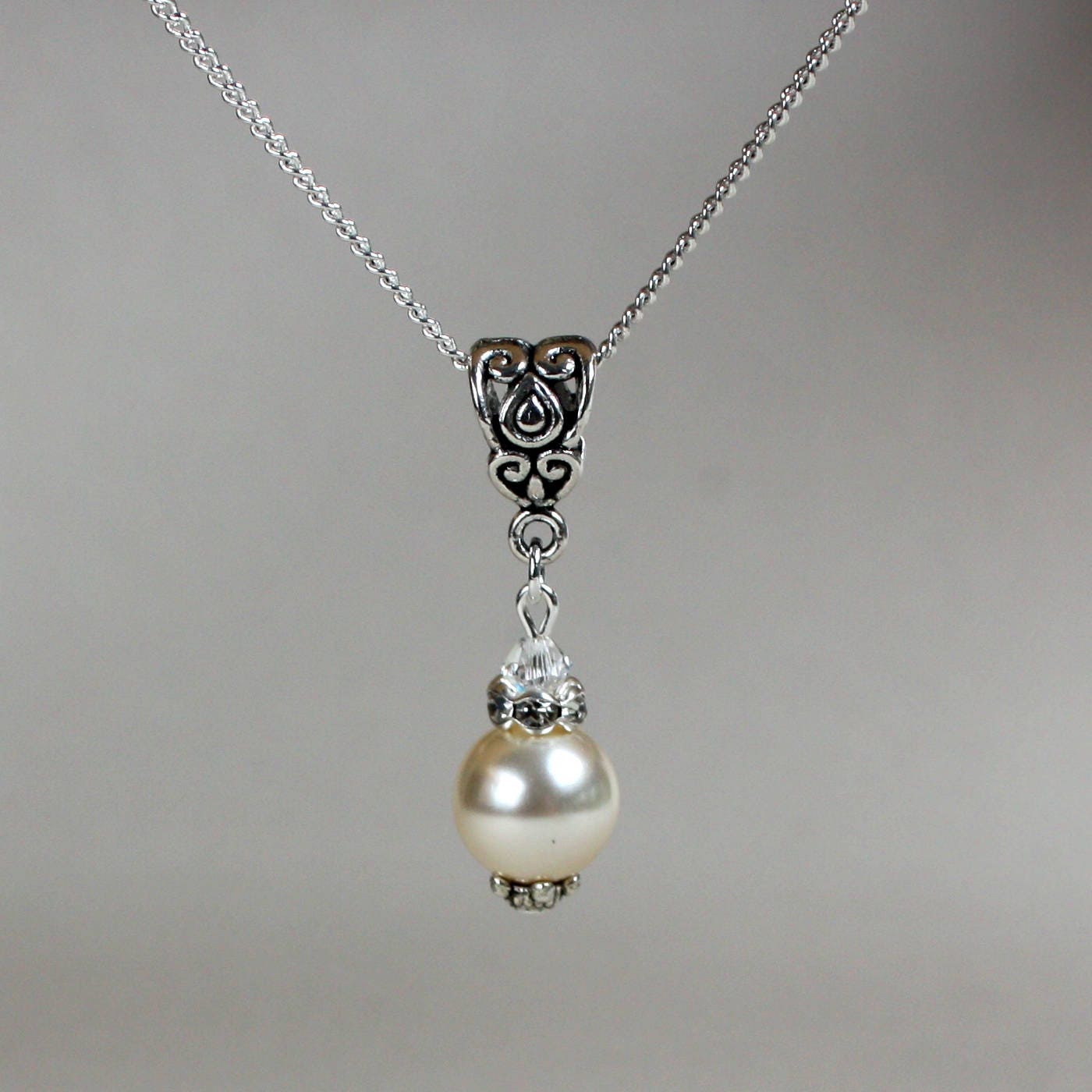 Sterling Silver Pearl Necklace, Long Pearl Necklace, Tin Cup Pearl