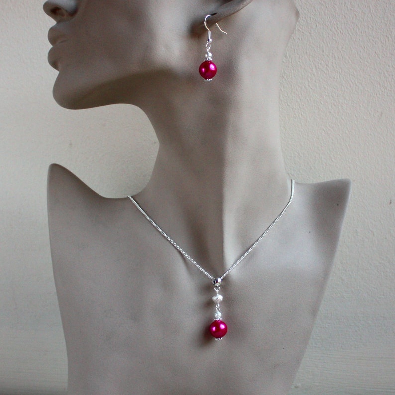 Bijoux de demoiselle d'honneur de mariage en perles de poussière d'étoiles roses fuchsia, ensemble de boucles d'oreilles en plaqué argent avec pendentif goutte image 2