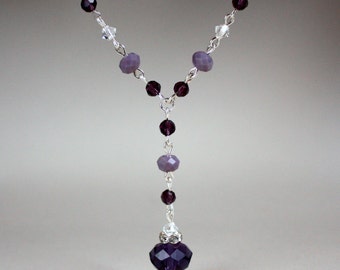 Purple mauve lilac Swarovski crystals rhinestone vintage silver chain necklace, occasion wedding bridesmaid gift party drop crystal necklace