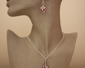 Pink Swarovski pearls wedding jewelry, powder rose pearls bridal bridesmaid set, silver chain necklace set, cluster pendant earrings set