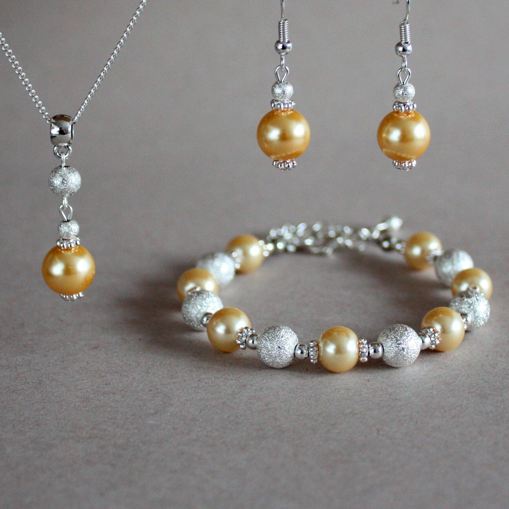 Warm yellow color faux glass pearls stardust beads wedding bridesmaid jewelry, set silver plated earrings drop pendant necklace bracelet
