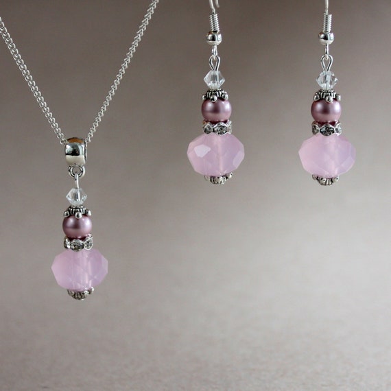 Deep Pink Rose Rhinestone Crystal Necklace and Earrings Bridal Bridesmaid Set