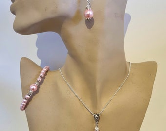 Pink Pearl Jewelry Set, Vintage Style, Bridesmaid Accessory
