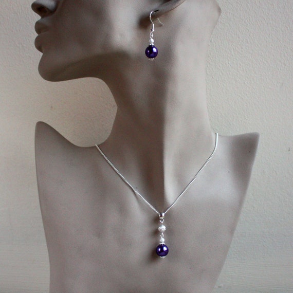 Ensemble Boucles D'oreilles Et Collier Violet - Nuances De Perles Et Argent - Neuf