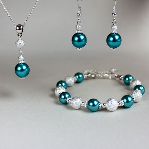 Teal blue green faux glass pearls stardust beads wedding bridal bridesmaid jewelry set, silver plated earrings pendant necklace bracelet