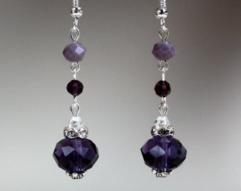 Purple mauve crystals rhinestones vintage jewelry, silver long drop dangle bridal earrings, wedding bridesmaid accessory