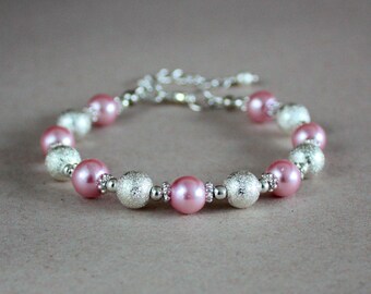 Pink Faux Pearl Bracelet, Silver Plated Stardust Beads, Bridal Jewelry
